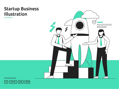 Start up launching with People character and Rocket illustration