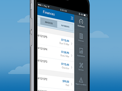 RWE Self-service - navigation dashboard energy finances invoices ios list mobile navigation rwe self service ui ux