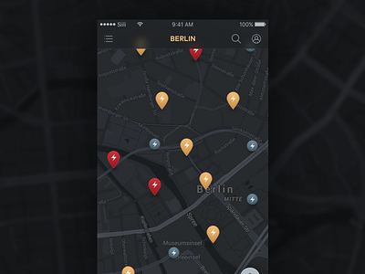 E-car Charging App car charging dark ui e car electric ios map navigation pin seq0 siili stations