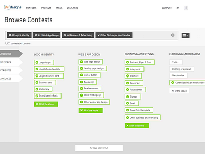 Browse Contests Filters (wireframes) - 99designs