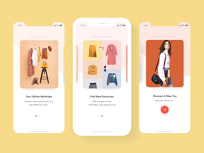 Ecommerce App onboarding screen - guide page app apparel branding card closet design ecommerce guide page interface mobile onboarding onboarding screen outfit ui wardrobe