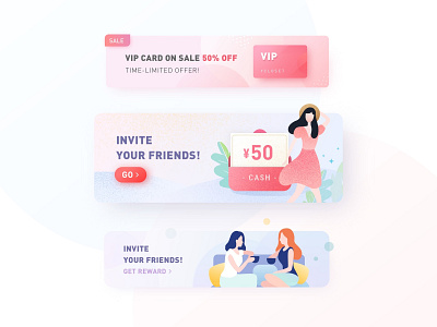 Banners app banner design female flat girl graphic illustration interface invite friends mobile soft colors spring ui vector vip