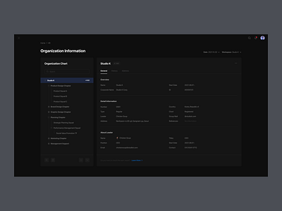 HR - Organization Information dark theme detail information list settings team