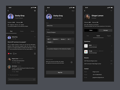 Profile - Mobile account app clean dark mode dark theme figma mobile profile setting settings ui web app