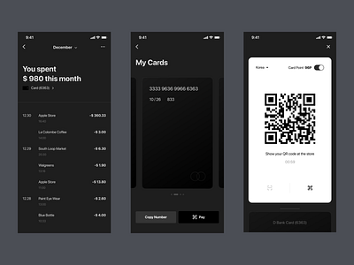 Card Details - Banking App app banking card clean credit card dark mode dark theme finance fintech mobile qrcode ui ux wallet