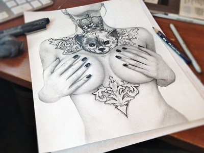 tits and tats alternative boobs crown design drawing fake fox girl graphite hands illustration inked nails pen pencil royal tattoo wip