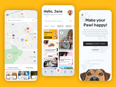 Concept | Pet App for Designflows 2020 animal app animals articles blog blog wall concept filter filtering filters friends animal map paywall pet app pet friends subscription