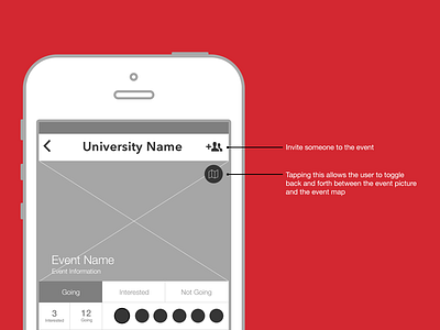 Event Home Wireframe college discovery event experience fidelity low mockup red student ui user ux