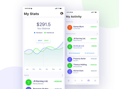 Financial App Design Concept - Statistics and Activity screens