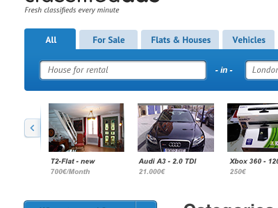 Personal project ads blue buy cars classified flats rent sale sell slider tabs user interface white