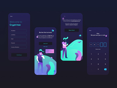 Crypt-hoe app crypto illustration mobile onboarding product signup tutorial