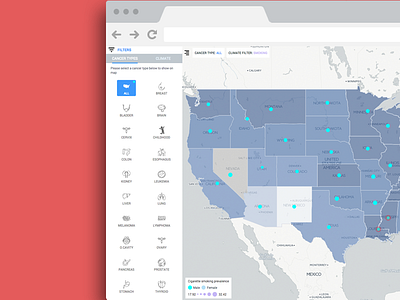 Full app view and filters app filter geo gis list map product selection ui ux visulisation web