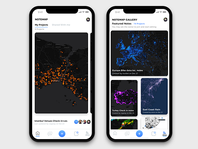 Notemap on iPhone X dashboard data gallery gis information interaction ios iphonex map mobile ui ux