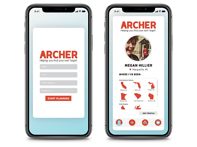 Archer App Approach #1 adobe illustrator app app concept appdesign blue brand identity design red travel ui