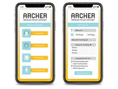 Archer App Approach #2 adobe illutrator app app concept appdesign blue brand identity design travel ui yellow