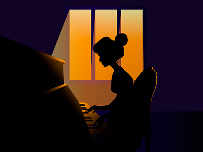 Piano & Sunset character darkness design girl gradient graphic design illustration illustrator light night oldstyle piano sketch sunset vector art window