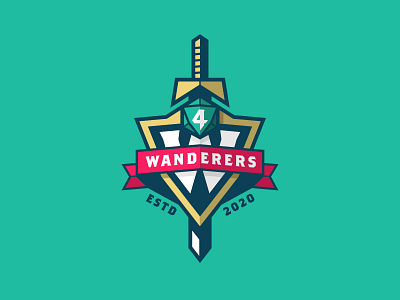 The 4 Wanderers badge conceptual crest custom design dnd dragons dugeons dungeons and dragons emblem gold icon lockup logo shield sword teal vector