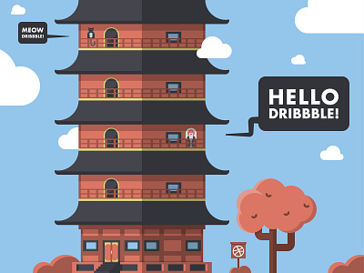 Hello Dribbble cat first shot illustration japan pagoda vector