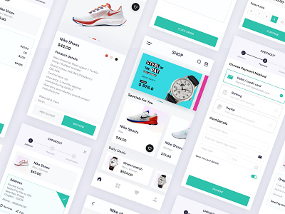 Shopping App UI add to bag add to cart app application caolor color colors desing icon product product design search shoes shopping ui uiux ux wishlist