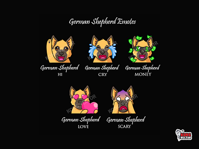 German Shepherd Twitch Emotes cartoon cry customemote customemotes cute emoji emote emoteart emotes germanshepherd graphicforstream hi love money scary sticker streamer twitch twitchemote twitchemotes