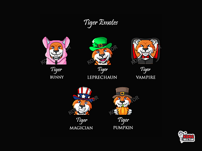 Tiger Twitch Emotes bunny cartoon customemote customemotes design emoji emote emotes graphicforstream illustration magician pumpkin sticker streamers tiger twitch twitchemote twitchemotes vampire
