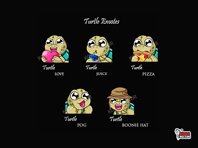 Turtle Twitch Emotes booniehat cartoon customemote customemotes designer emoji emote emotes graphicdesign illustration juice logo love pizza pog sticker turtle twitch twitchemote twitchemotes
