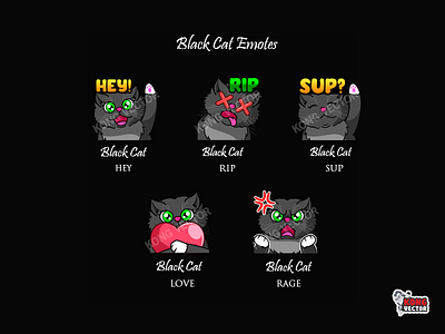 Black Cat Twitch Emotes blackcat cartoon cat cute design emoji emote emotes graphicdesign hey illustration love rage rip sticker streamers sup twitch twitchemote twitchemotes