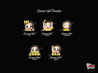 Lemon Girl Twitch Emotes cartoon cute design emoji emote emotes girl graphic design graphicforstreamer hi hype illustration lemon lurk raid streamer twitch twitchemote twitchemotes yummy