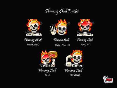 Flaming Skull Twitch Emotes angry ban cartoon design designer emoji emote emotes flaming flexing graphicdesign hi illustration skull sreamers sticker twitch twitchemote twitchemotes winking