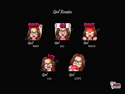 Girl Twitch Emotes cartoon designer emoji emote emotes gg girl graphicdesign illustration logo lol love rage raid sticker streamers twitch twitchemote twitchhemotes women