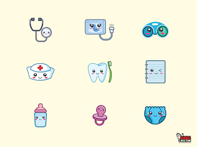Medical Tools And Baby Gear Icon Collection baby bottle contact lense case cute icon diaper leather notebook nurse hat pacifier stethoscope tooth with tooth brush ultra sound