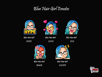 Blue Hair Girl Twitch Emotes creativity customemote customemotes design emoji emote emoteart emotes graphic graphicforstream hype love lula rage sleppy sticker streamers twitchemote twitchemotes twitchstreamer