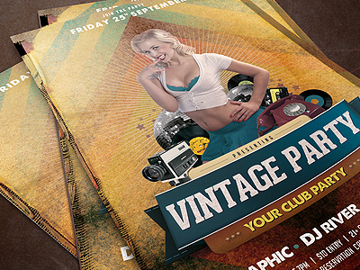 Vintage Party PSD Flyer Template 50s 80s bash brown club dancefloor design disco dj event flyer grunge music night old oldschool party pinup poster print retro retro flyer telephone template texture typography vintage vintage flyer wood