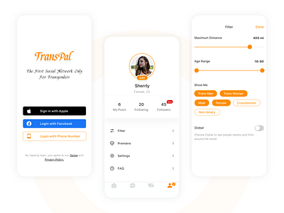 TransPal dating app app dating dating app datingapp design filter my profile preference profile sign in sign up ui
