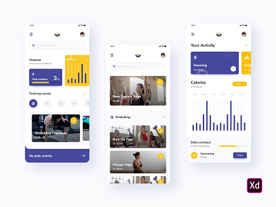 Fitness Course adobe xd android app blue color concept course design fitness fitness app flat health interface ios mobile mockup profile ui ux video