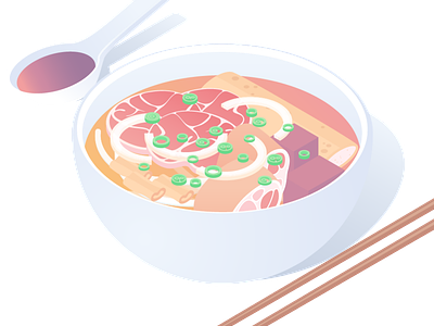 Vietnamese noodle soup à la Hue 2d 3d bowl chopsticks delicious design flat food food art icon illustration illustrator isometric noodle pastel soup tasty vector vietnam vietnamese