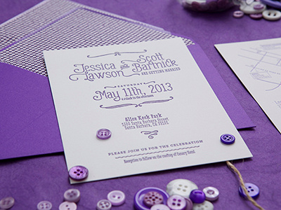 Purple Ombre Wedding Invitation buttons invitation letterpress ombre print purple typography wedding
