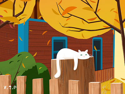 October cat autumn cat design golden house illustration sleep tree wood