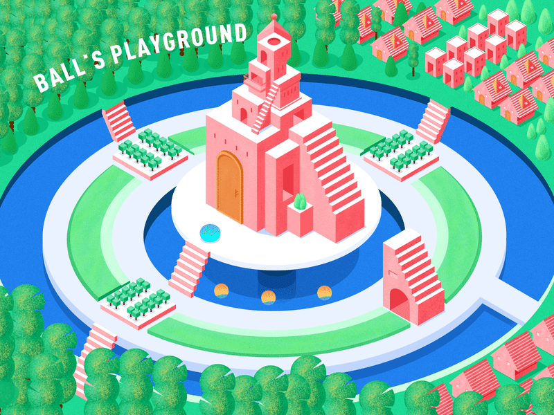 ball's playground isometric illustrations 2.5d ae ball castle game house illustration isometric ladder motion river tree