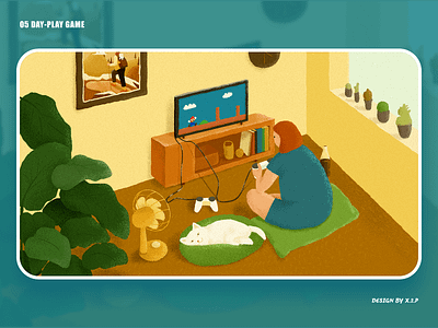 05 Day-Play Game cat console design fan game green plant home illustration mario play tv