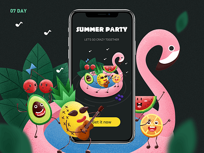 07 Day-summer party app avocado cherry design fruit illustration orange party pineapple splash screen summer swimming ring watermelon