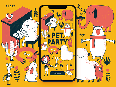 11 Day-pet party app bear cat dog duck elephant illustration lion mouse music pet sheep splash screen