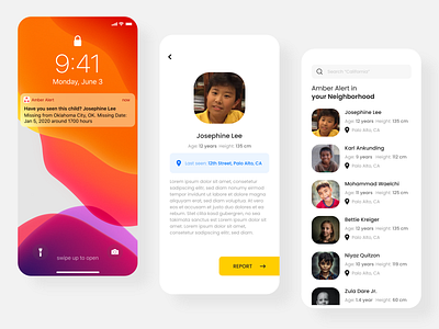 Amber Alert App alert amber app children clean design design flat interaction interface ios kids minimal missing mobile mobile app notification ui yellow