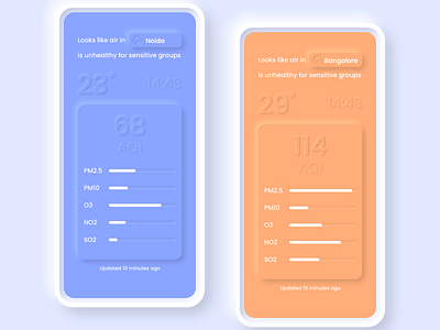 Air Quality Index - Neumorphism air quality app clean concept design flat interface ios light minimal mobile neumorphism orange purple shadows temperature time typography ui user interface