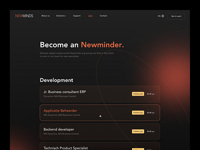 Vacancies page - Dark mode - Newminds career page dark dark mode dark theme job offer minimal orange ui ui design ux ux design vacancies vacancy web design