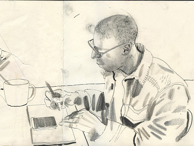 Edmundo on the job amsterdam drawing pencil portrait sketchbook starbucks urban sketching