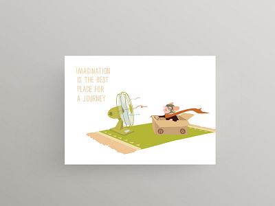 Imagination is the best place for a journey animal character for kids illustration parasenok pig post card postcard vector