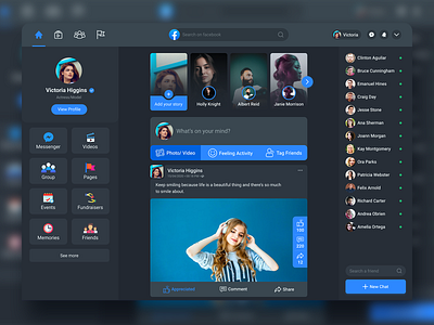 Facebook Redesign Concept Dark Version app design challange dark interface facebook facebook redesign figma figma design interface design product design redesign redesign concept template design ui ui design ui ux design uplabs user experience user inteface ux ux design