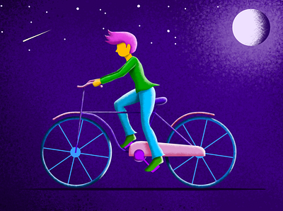 Late Night Bicycle Ride bicycle bike bycicle creative design effects grain texture illustration medibang moon night purple vector