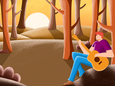 Guitar Guy 👦 brown fall flat forest grain texture guitar human illustrations kaki modern music nature painter peace sun